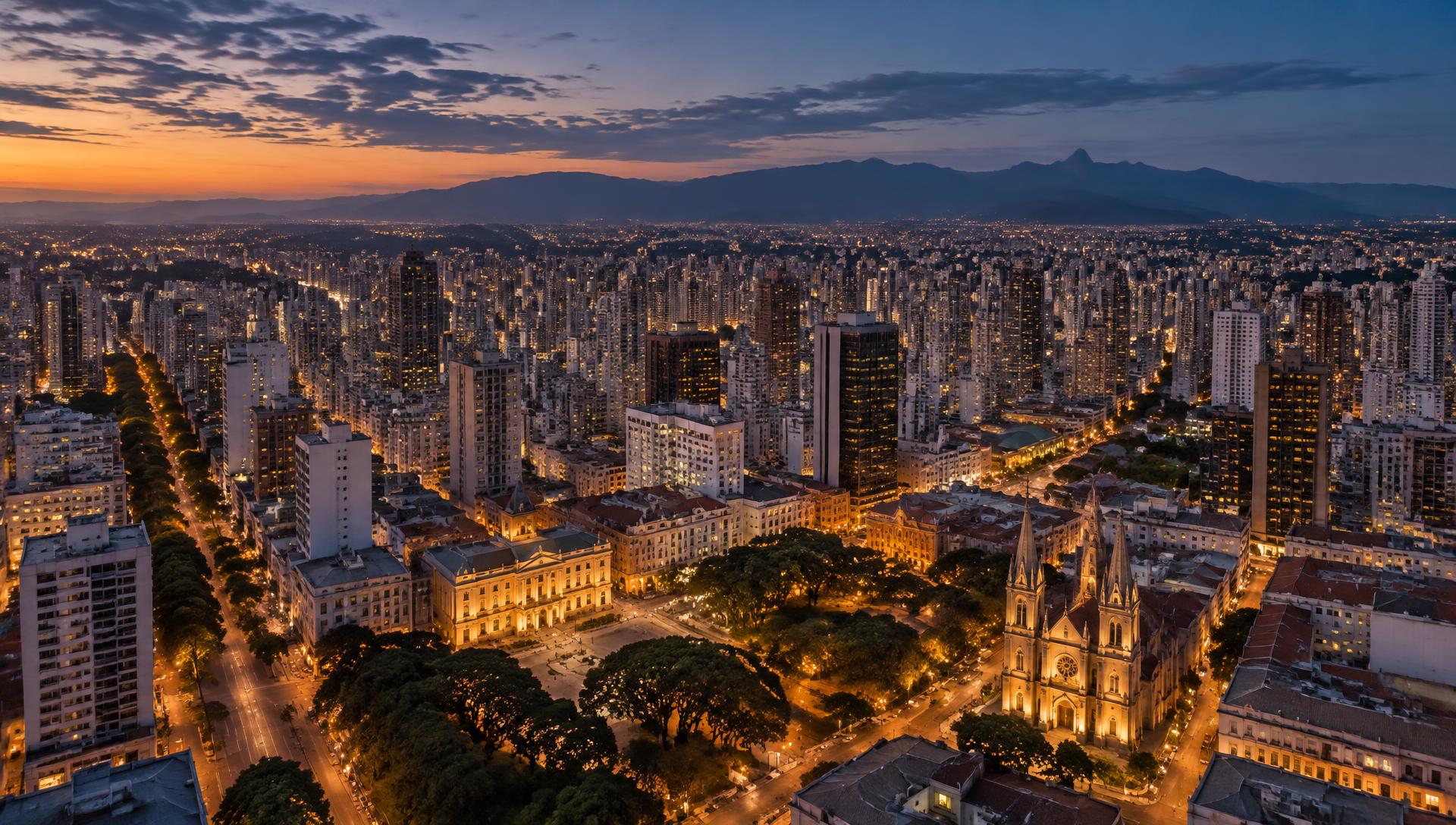 Vista aérea de Curitiba ao anoitecer